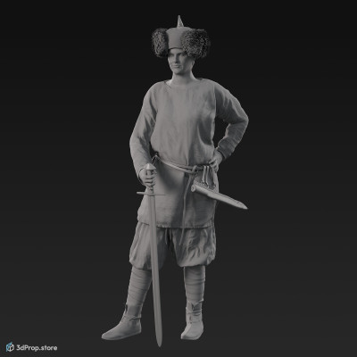 3D scan of a standing viking warrior woman, wearing leather and wool clothes, from 980, Europe.