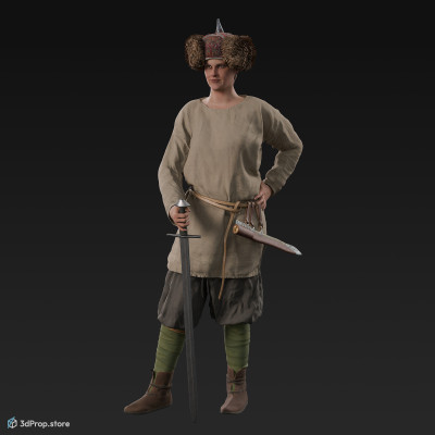 3D scan of a standing viking warrior woman, wearing leather and wool clothes, from 980, Europe.