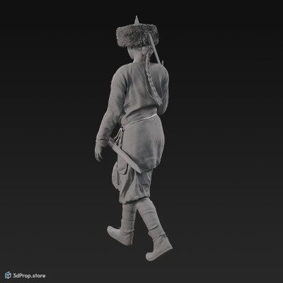 3D scan of a walking viking warrior woman, wearing leather and wool clothes, and holding a sword, from 980, Europe.