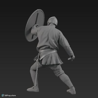 3D scan of a norman warrior man in a fighting pose, wearing a helmet and holding a sword and shield from 1050, Europe.