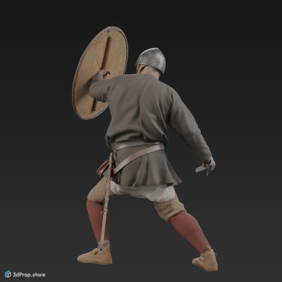 3D scan of a norman warrior man in a fighting pose, wearing a helmet and holding a sword and shield from 1050, Europe.