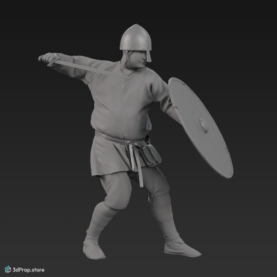 3D scan of a norman warrior man in a fighting pose, wearing a helmet and holding a sword and shield from 1050, Europe.