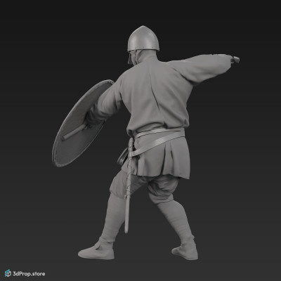 3D scan of a norman warrior man in a fighting pose, wearing a helmet and holding a sword and shield from 1050, Europe.