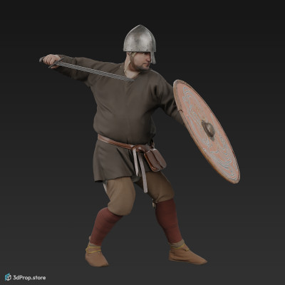 3D scan of a norman warrior man in a fighting pose, wearing a helmet and holding a sword and shield from 1050, Europe.