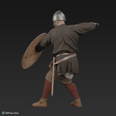 3D scan of a norman warrior man in a fighting pose, wearing a helmet and holding a sword and shield from 1050, Europe.