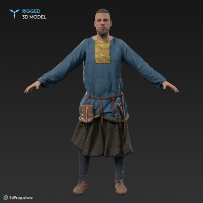 3D scan of a standing rich viking warrior man in an A pose, wearing linen, wool and leather clothing, from the 1000, Europe.