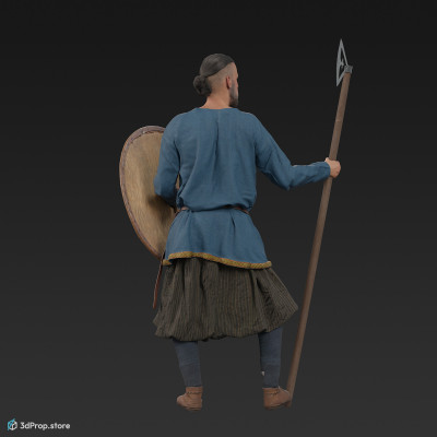 3D scan of a standing viking warrior from the 1000 , wearing linen, wool and leather clothing and armour .