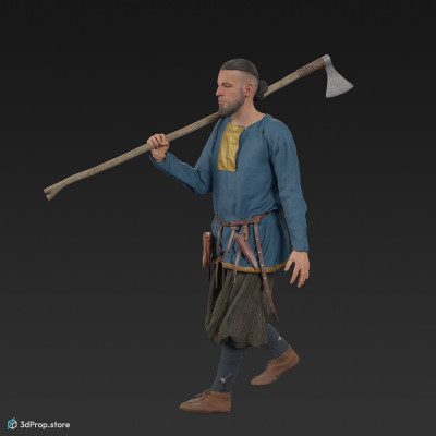 3D scan of a walking rich viking warrior from the 1000, wearing linen, wool and leather clothing and armour.