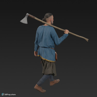 3D scan of a walking rich viking warrior from the 1000, wearing linen, wool and leather clothing and armour.