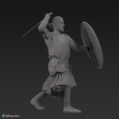 3D model of a fighting viking warrior from the 1000 , wearing linen, wool and leather clothing and armour.