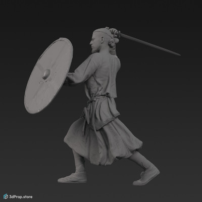 3D model of a fighting viking warrior from the 1000 , wearing linen, wool and leather clothing and armour.