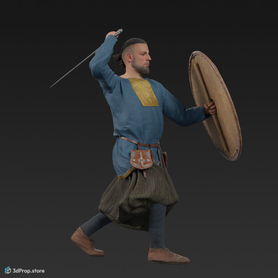 3D model of a fighting viking warrior from the 1000 , wearing linen, wool and leather clothing and armour.