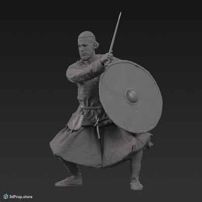 3D scan of a defensive rich viking warrior from the 1000s, wearing linen, wool and leather clothing and armour.