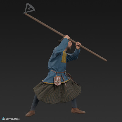 3D scan of a fighting rich viking warrior from the 1000, wearing linen, wool and leather clothing and holding an axe.