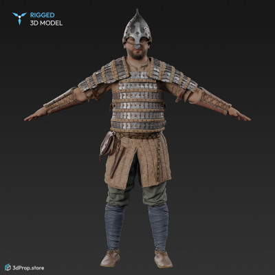 3D scan of an elite slavic warrior man from the 1000, Europe, standing in an A-posture, wearing a gambeson, linen clothing and armour.