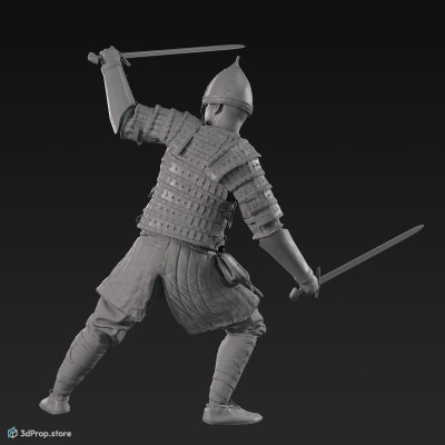 3D scan of an elite warrior man, who is in a defensive position, blocking his opponent's attack with one sword, from the 1000, Europe.