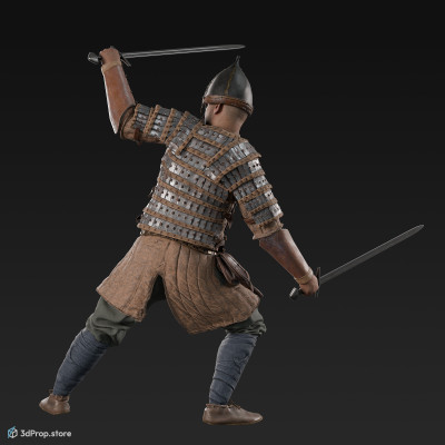 3D scan of an elite warrior man, who is in a defensive position, blocking his opponent's attack with one sword, from the 1000, Europe.