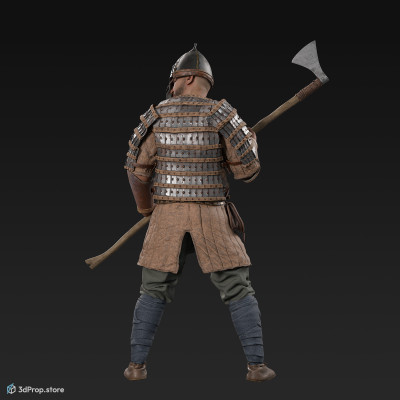 3D scan of an elite warrior man, wearing gambeson, metal armor and a belt with a leather pouch while holding an axe, from the 1000, Europe.