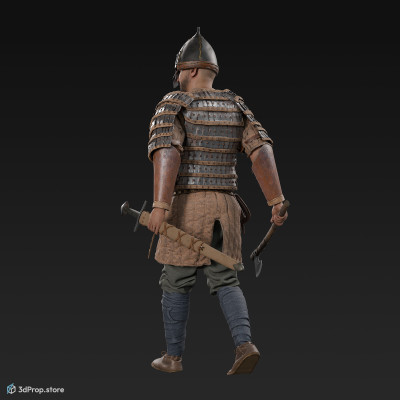 3D scan of a  walking elite warrior man, carrying weapons in his hands, from the 1000, Europe.