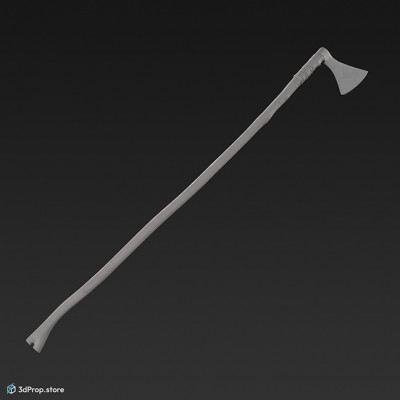 3D model of a sharp, norman battle axe, with long, wooden handle and leather covered grip part, from 900, Europe.