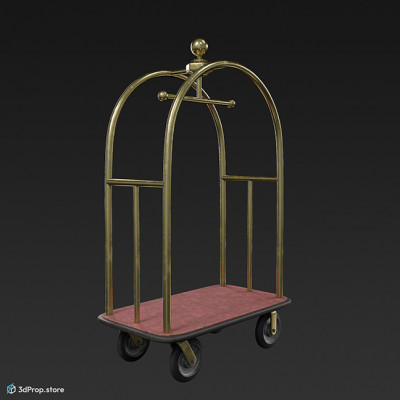 3D model of a metal luggage cart with golden frame and handles, and with a red fabric covered bottom and four wheels, from 1890.