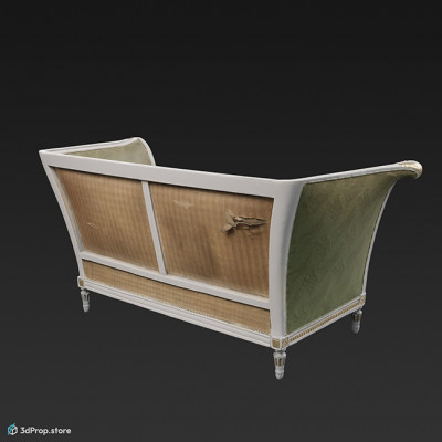 3D scan of a two- or three-seater, green textile covered, cushioned couch with a white wooden frame, which surrounds the arm-rest and part of the back-rest area as well, from 1900, Europe.