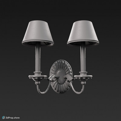 3D scan of a beige toned, candle and candlestick shaped wall lamp with leather lampshade, from 1900, Europe.
