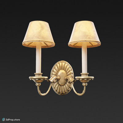 3D scan of a beige toned, candle and candlestick shaped wall lamp with leather lampshade, from 1900, Europe.