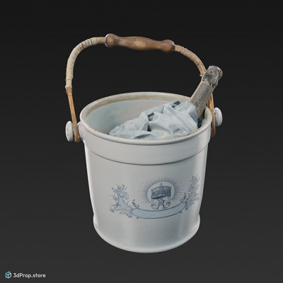 3D scan of a white champagne bucket from the 1900s, with blue decorations and a champagne bottle inside.