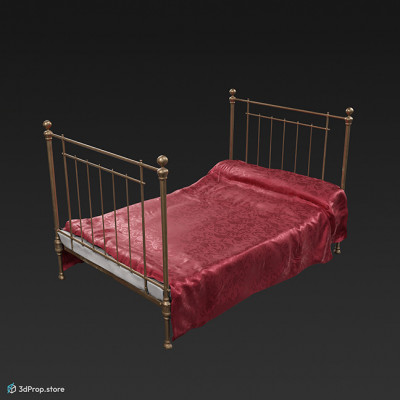 3D model of a hotel bed from 1900s. It has a metal bed frame and red silk bedspread