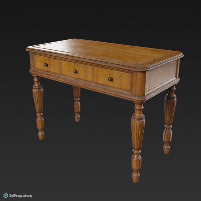 3D scan of a brown wooden table with rounded legs and fine corners, from 1900, Europe.