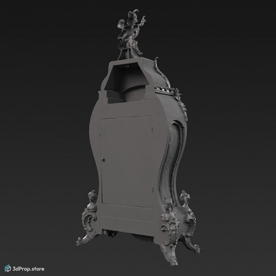 3D scan of an antique, metal, ornate table clock with Roman numerals and with figurative golden ornaments on the legs and top, from 1900 Europe.