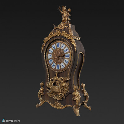 3D scan of an antique, metal, ornate table clock with Roman numerals and with figurative golden ornaments on the legs and top, from 1900 Europe.