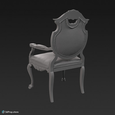 3D scan of an elegant armchair with gilded and white wooden chair frame and with green, patterned upholstery at the seat, back and armrest, from 1900, Europe.