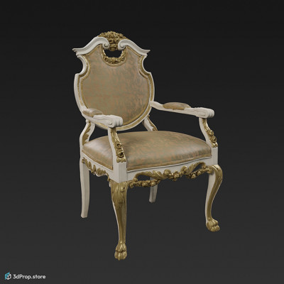 3D scan of an elegant armchair with gilded and white wooden chair frame and with green, patterned upholstery at the seat, back and armrest, from 1900, Europe.