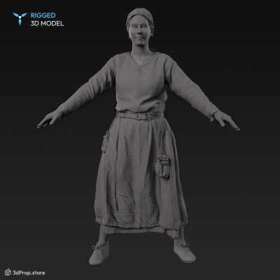 3D scan of a standing Danish, viking woman from the 900s, Europe, standing in an A posture, wearing linen and wool clothing with metal jewelry.
