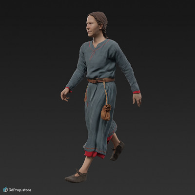 3D scan of a walking Danish, viking woman from the 900s, Europe, wearing linen and wool clothing with metal jewellery .