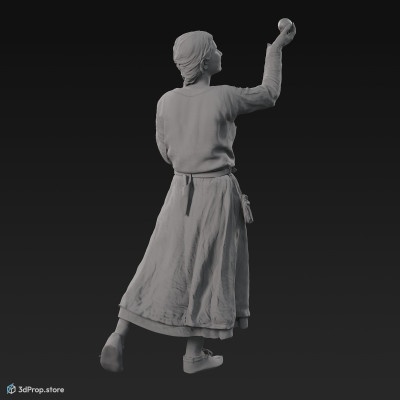 3D scan of a Danish, viking woman while haversting apples, from the 900s, Europe, wearing linen and wool clothing with metal jewellery .