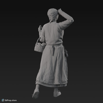 3D scan of a standing Danish, viking woman with a wicker basket filled with apples from the 900s, Europe, wearing a blue linen and wool clothing with metal jewellery .