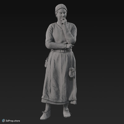 3D scan of a standing, thinking Danish, viking woman from the 900s, Europe, wearing blue linen and wool clothing with metal jewellery .