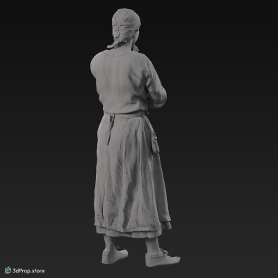 3D scan of a standing, thinking Danish, viking woman from the 900s, Europe, wearing blue linen and wool clothing with metal jewellery .