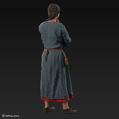 3D scan of a standing, thinking Danish, viking woman from the 900s, Europe, wearing blue linen and wool clothing with metal jewellery .