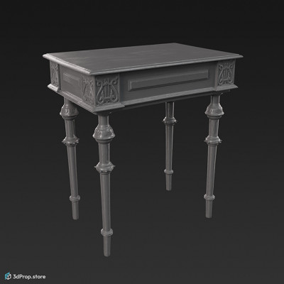 3D scan of a brown wooden table with rounded legs and fine corners, from 1900, Europe.