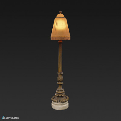 3D scan of a standing lamp with a textile yellow lampshade and a long wooden body carved in detail, from 1900, Europe.