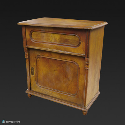 3D scan of a small, worn, wooden dresser in a lemon-yellowish colour, with a drawer at the top and shelves covered by a door at the bottom from 1900, Europe.