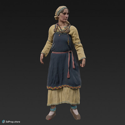 3D scan of a standing Scandinavian woman from the 800s, Europe, wearing linen and wool clothing with metal jewellery.