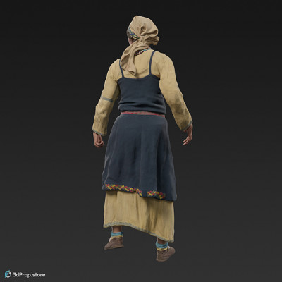 3D scan of a standing Scandinavian woman from the 800s, Europe, wearing linen and wool clothing with metal jewellery .