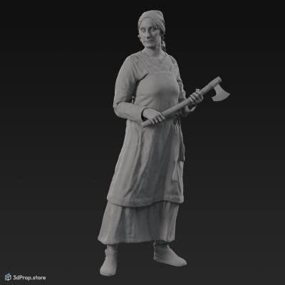 3D scan of a standing Scandinavian woman with a weapon in her hands, from the 800s, Europe, wearing linen and wool clothing with metal jewellery.