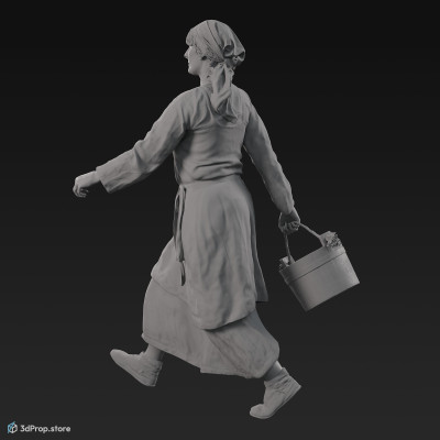 3D scan of a walking Scandinavian woman, carrying a bucket, from the 800s, Europe. She is wearing linen and wool clothing with metal jewellery.