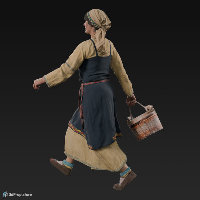 3D scan of a walking Scandinavian woman, carrying a bucket, from the 800s, Europe. She is wearing linen and wool clothing with metal jewellery.